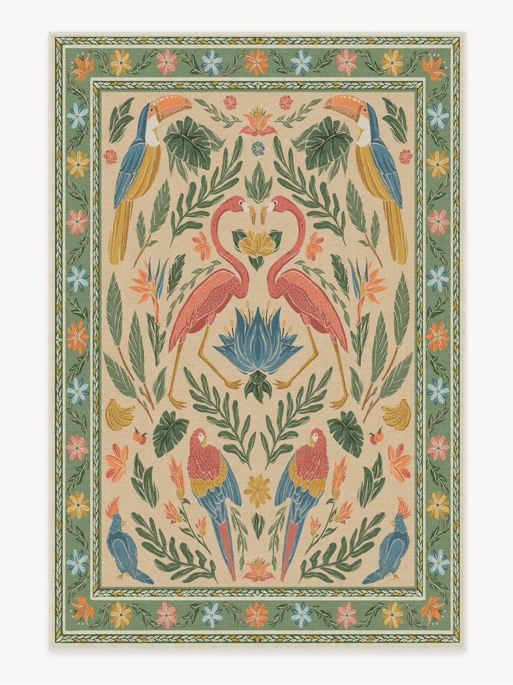 NEW! Ruggable Birds Of A Feather Green & Peach Flatwoven Rug